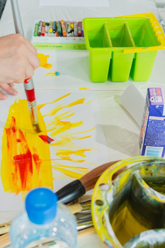 Explore creativity in a Tokyo art class, capturing vibrant brush strokes and colorful palettes.
